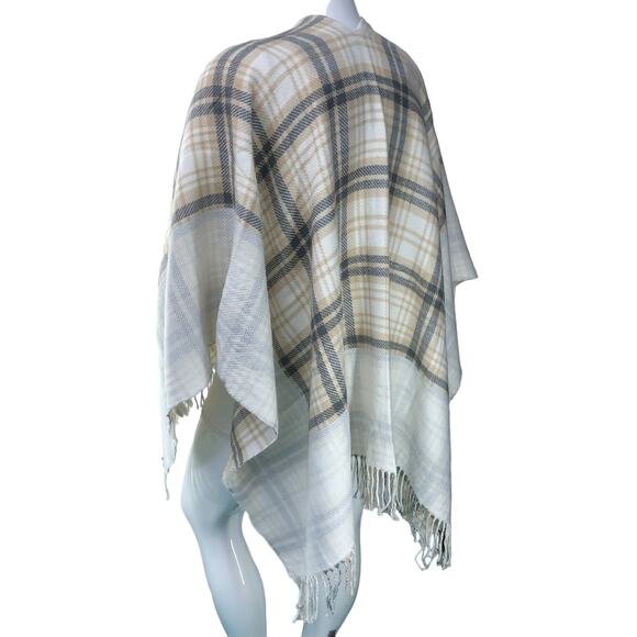 J Jill Womens One Size Poncho Sweater Wrap Plaid Acrylic Fringe Neutral Soft - Picture 6 of 14